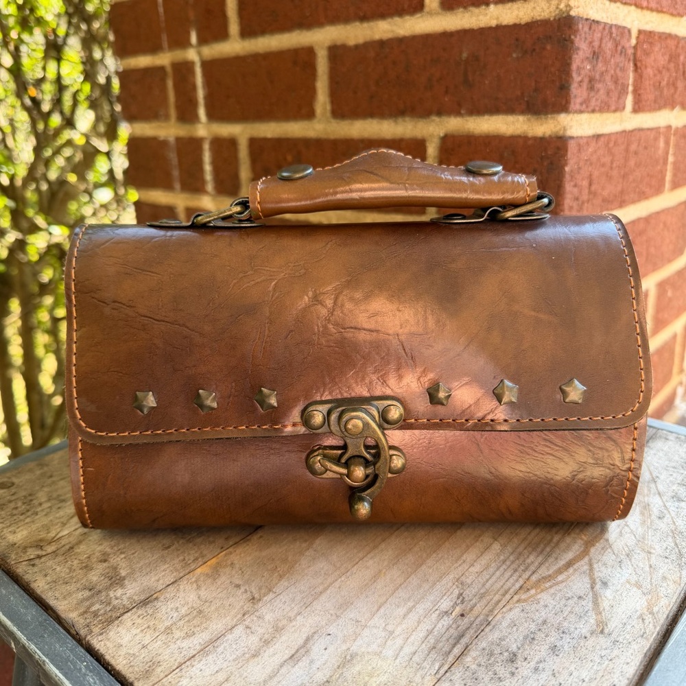 Vintage Brown Leather Handbag with Stud Accents